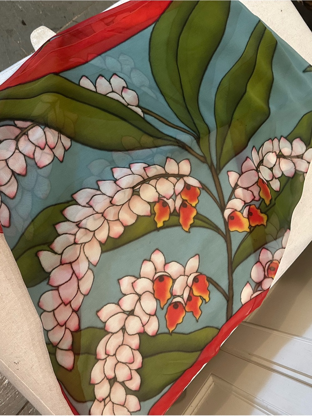 Floral Silk Scarf in Light Blue with Coral Trim